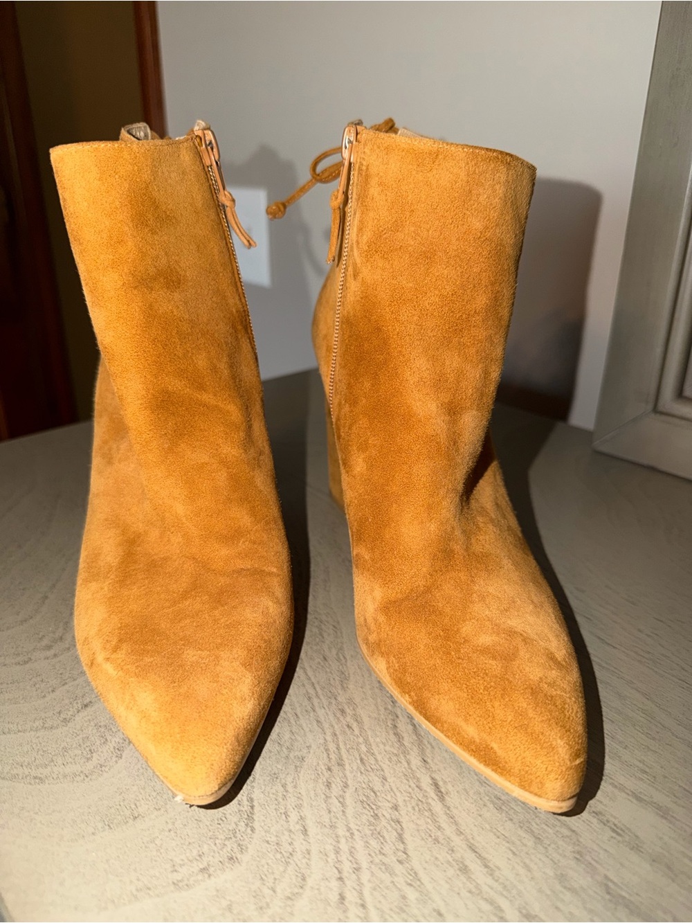 Stuart Weitzman Suede Pointed-Toe Ankle Boots in Camel